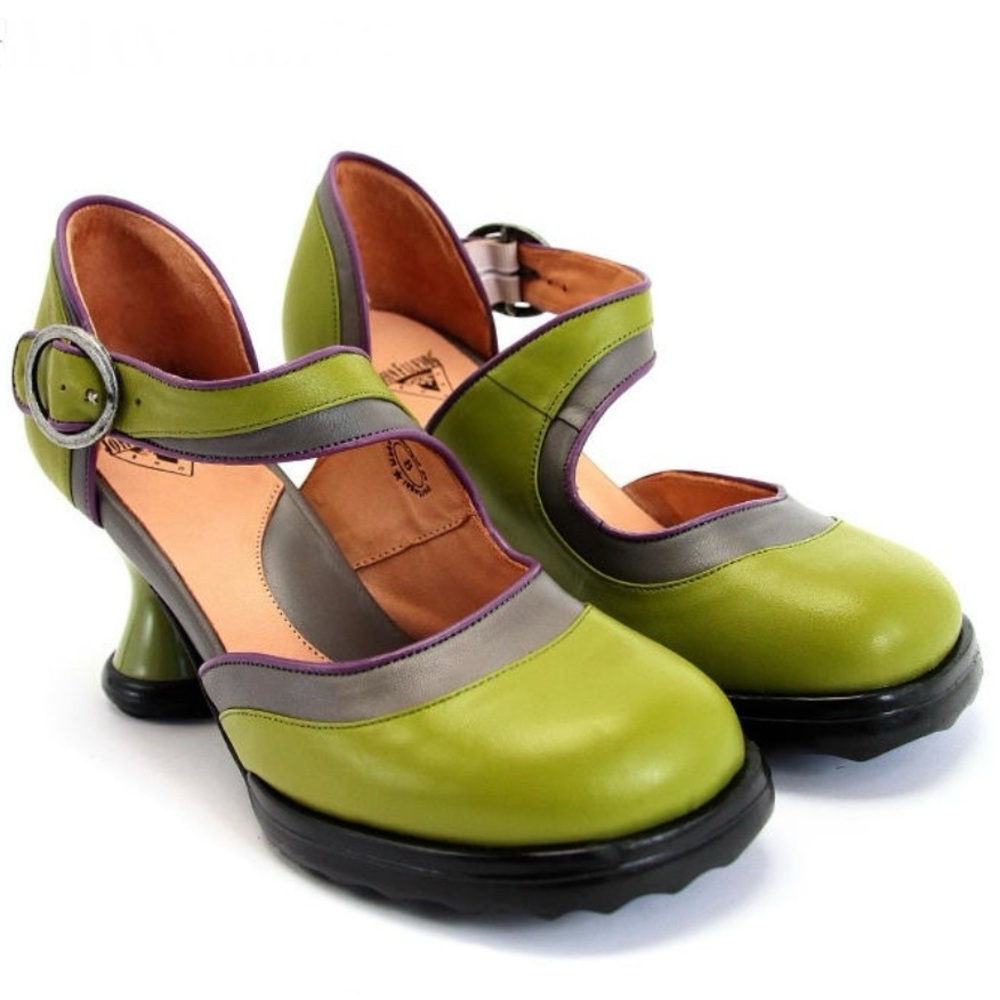 SOLD Fluevog Elif Mary Jane Mini Heels Shoes Olive Green Purple Buckle Strap - Picture 1 of 14